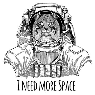 Wild cat Lynx Bobcat Trot Astronaut. Space suit. Hand drawn image of lion for tattoo, t-shirt, emblem, badge, logo patch kindergarten poster children clothing