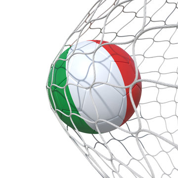 Italy Italian flag soccer ball inside the net, in a net.
