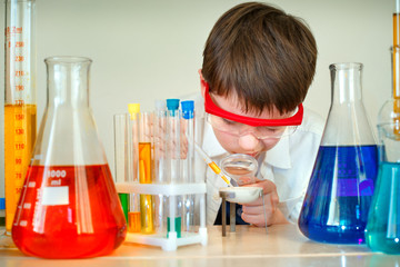 Cute boy is making science experiments in a laboratory