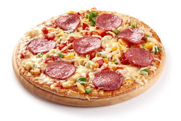 Freshly baked italian pizza with cheese and sliced salami, isolated on white background.