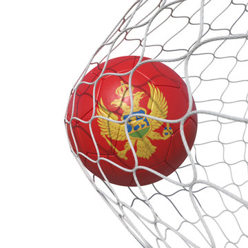 Montenegro Montenegrin flag soccer ball inside the net, in a net.