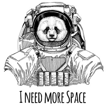 Panda, bamboo bear Astronaut. Space suit. Hand drawn image of lion for tattoo, t-shirt, emblem, badge, logo patch kindergarten poster children clothing