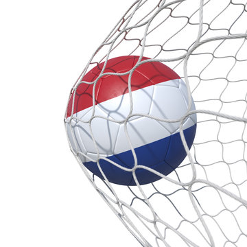 Netherlands Netherlandish Holland flag soccer ball inside the net, in a net.