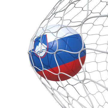 Slovenia  Slovenian flag soccer ball inside the net, in a net.