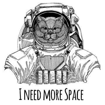 Brithish noble cat Male Astronaut. Space suit. Hand drawn image of lion for tattoo, t-shirt, emblem, badge, logo patch kindergarten poster children clothing
