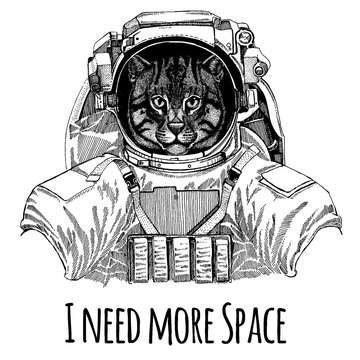 Wild cat Fishing cat Astronaut. Space suit. Hand drawn image of lion for tattoo, t-shirt, emblem, badge, logo patch kindergarten poster children clothing