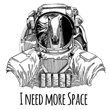 Horse, hoss, knight, steed, courser Astronaut. Space suit. Hand drawn image of lion for tattoo, t-shirt, emblem, badge, logo patch kindergarten poster children clothing