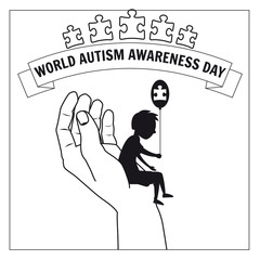 Autism, a small lonely boy sits on the hand of an adult, against a background of puzzles, vector, illustration, isolated