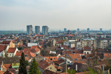 Fototapeta na wymiar Belgrade, Serbia April 07, 2018: Panorama of Belgrade and roofs of Zemun from the tower of Gardos.
