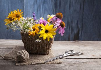 Wild flowers and scissors on old grunge wooden background (chamomile lupine dandelions thyme mint bells rape)