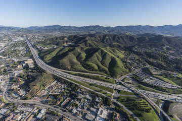Aerial view of Ventura 101 Freeway and suburban Thousand Oaks near Los Angeles in scenic Southern...