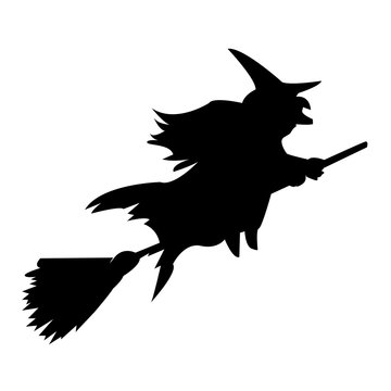 witch silhouette clip art on white background, in black