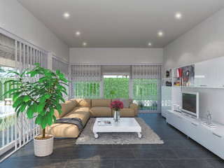 Concept 3d illustration, interior design of the living room. Modern architectural style of the interior. Demonstration of protective grilles for windows