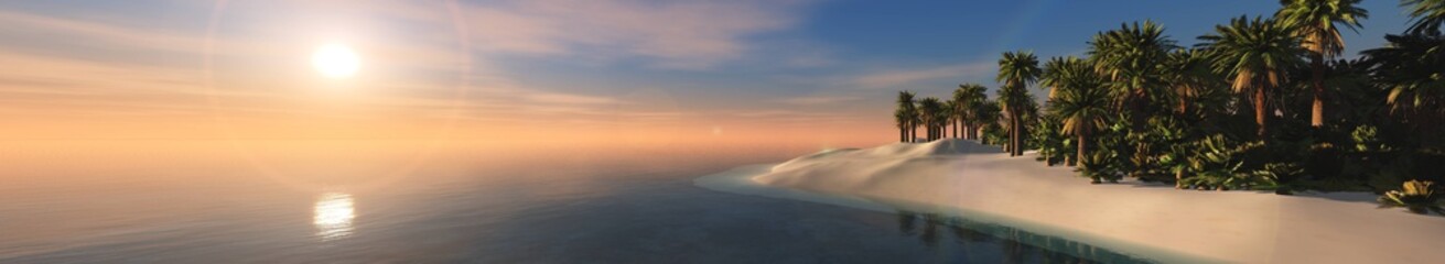 panorama of a sea sunset over a tropical beach with palm trees,
3D rendering
