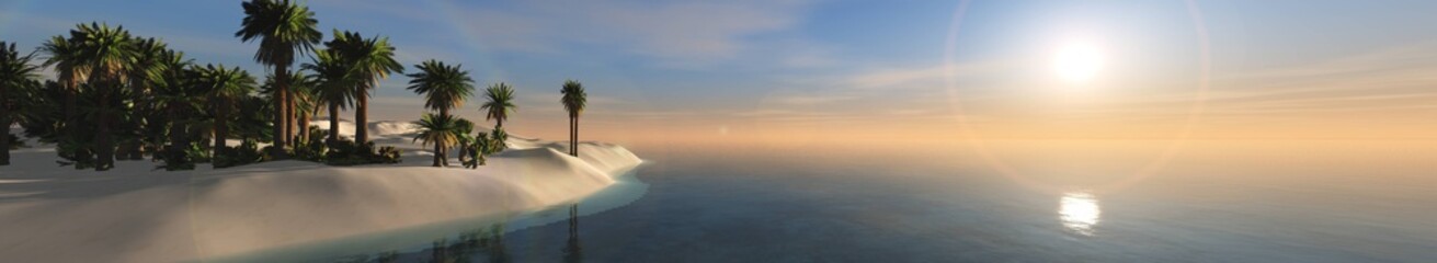 panorama of a sea sunset over a tropical beach with palm trees,
3D rendering
