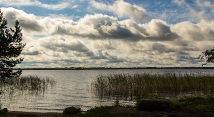 View of the lake and the beautiful sky with clouds