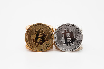 Display of bitcoins on white background