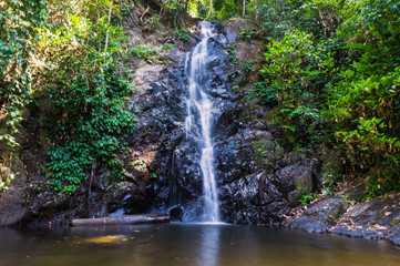 Beautiful waterfall in rainforest, soft water of the stream in the natural park. Long exposure.