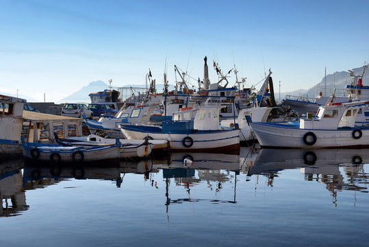 Fishing boats and fishing boats in the port of Porticello, Palermo, Sicily, Italy