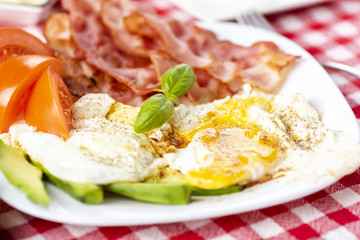 bacon and eggs with avocado and tomato, bread and coffee