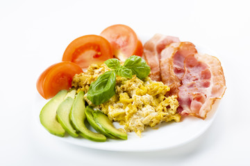 bacon and eggs with avocado and tomato, bread and coffee