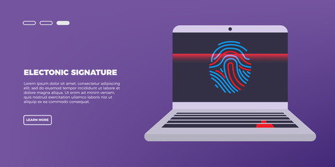 Scan Fingerprint on laptop. Identification system. Biometric authorization and business security concept. Illustration of application scanning fingerprint. Vector illustration in isometric style