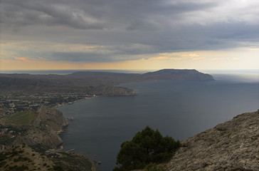 Fototapeta na wymiar View from the mountainside, bad weather. Black Sea coast, Crimea.