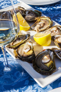 Fresh oysters platter with sauce and lemon