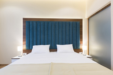 Interior of a double bed hotel bedroom