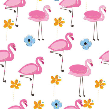 Flamingos with spring time colorful doodle flower. Flamingos with different poses seamless pattern background