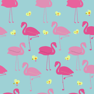 Pink flamingos with different poses seamless pattern turquoise background