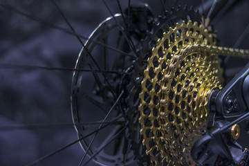 Gold bicycle cassette. Bicycle transmission, Rear wheel. 