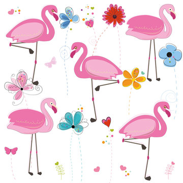 Flamingos with spring time colorful doodle flower. Flamingos with different poses pattern background