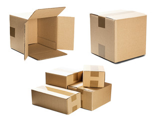 set piles of cardboard boxes on isolated white background. Parcel with empty space for your text. Pattern for delivery or post service.