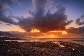 Sunset in Punta del Hidalgo, north Tenerife coastline, Canary islands, Spain.