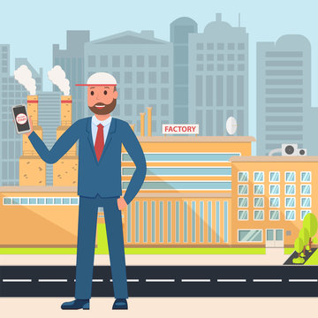 Vector flat illustration of a smart factory on a city background. Engineer or director in the background of the plant, start the plant through a mobile phone with the button start factory.