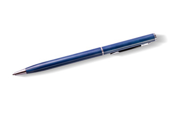 Blue ballpen with metallic parts on white background, isolated.