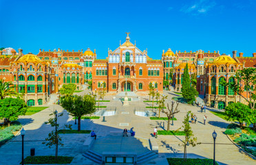View of the former Hospital de la Santa Creu i Sant Pau in Barcelona, Spain.