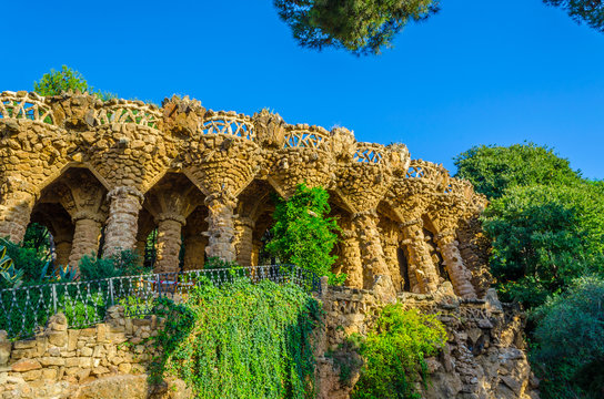 View of an arcade in the parc guell in Barcelona.