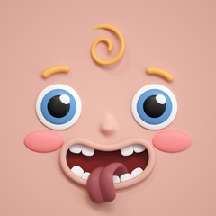 3d rendering, spoiled child, cute baby face icon, open mouth, showing tongue, excited, happy, amazed, toddler, infant, emotional facial expression, emoji icon, cartoon character