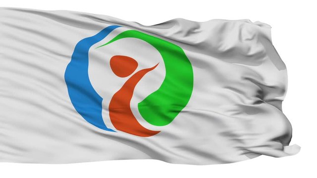 Itoshima flag, Fukuoka prefecture, realistic animation isolated on white seamless loop - 10 seconds long (alpha channel is included)