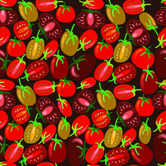 Colorful seamless texture with tomatoes of different colors and varieties. Endless pattern reminds a rich showcase of the vegetable market.