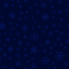 Fototapeta na wymiar Transparent snowflakes seamless pattern on dark blue Christmas background. Chaotic scattered transparent snowflakes. Breathtaking Christmas creative pattern. Vector illustration.