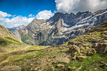 Beautiful landscape of Pyrenees mountains with famous Cirque de Gavarnie in background.