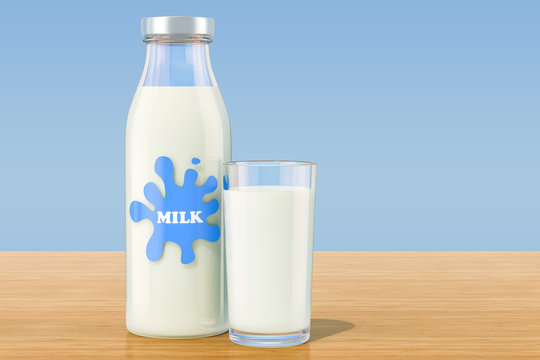 Bottle with milk and glass of milk on wooden table, 3D rendering
