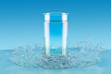 Naklejka na ściany i meble Glass of water with splash, 3D rendering