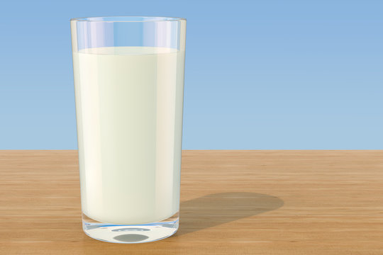 Glass of milk on the wooden table, 3D rendering
