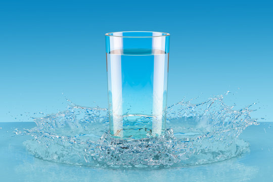 Glass of water with splash, 3D rendering