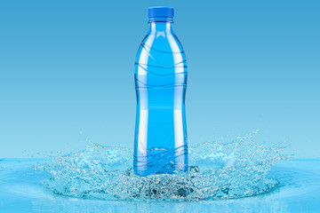 Naklejka na ściany i meble Water bottle with splash, 3D rendering
