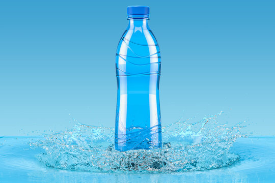 Water bottle with splash, 3D rendering
